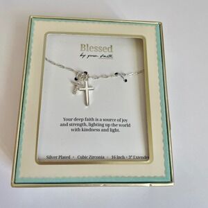 Blessed by your faith Silver Plated Cubic Zirconia Double Cross Necklace 16-19in